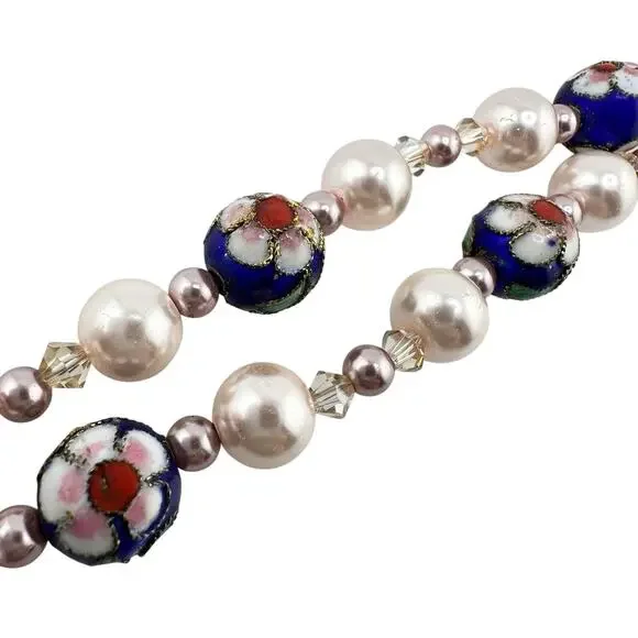 Vintage Style Cloisonné Blue Enamel Cherry Blossom Faux Pink Pearls 18” Necklace - Picture 3 of 5